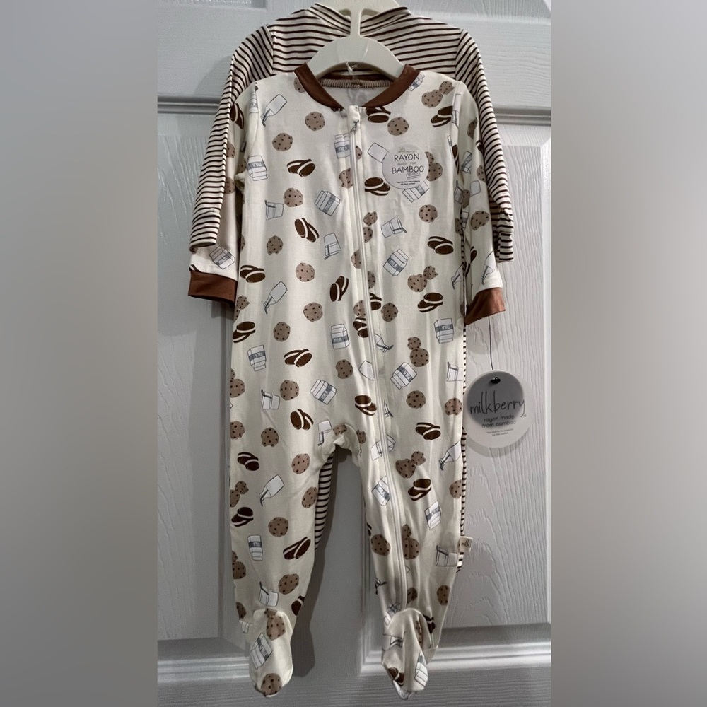 NWT Milkberry Cookie Print and Stripes Baby Footies Onesies Made from Bamboo